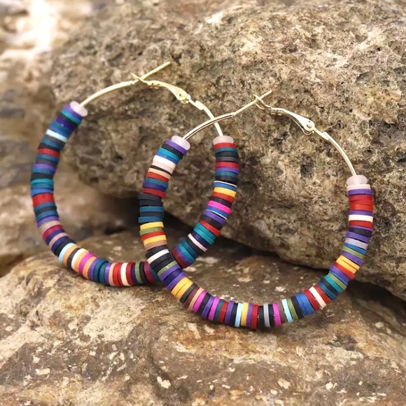 Jewelry - ⚡️2 for $15 Multicolor Round Beaded Hoop Earrings Clay & Zinc Alloy